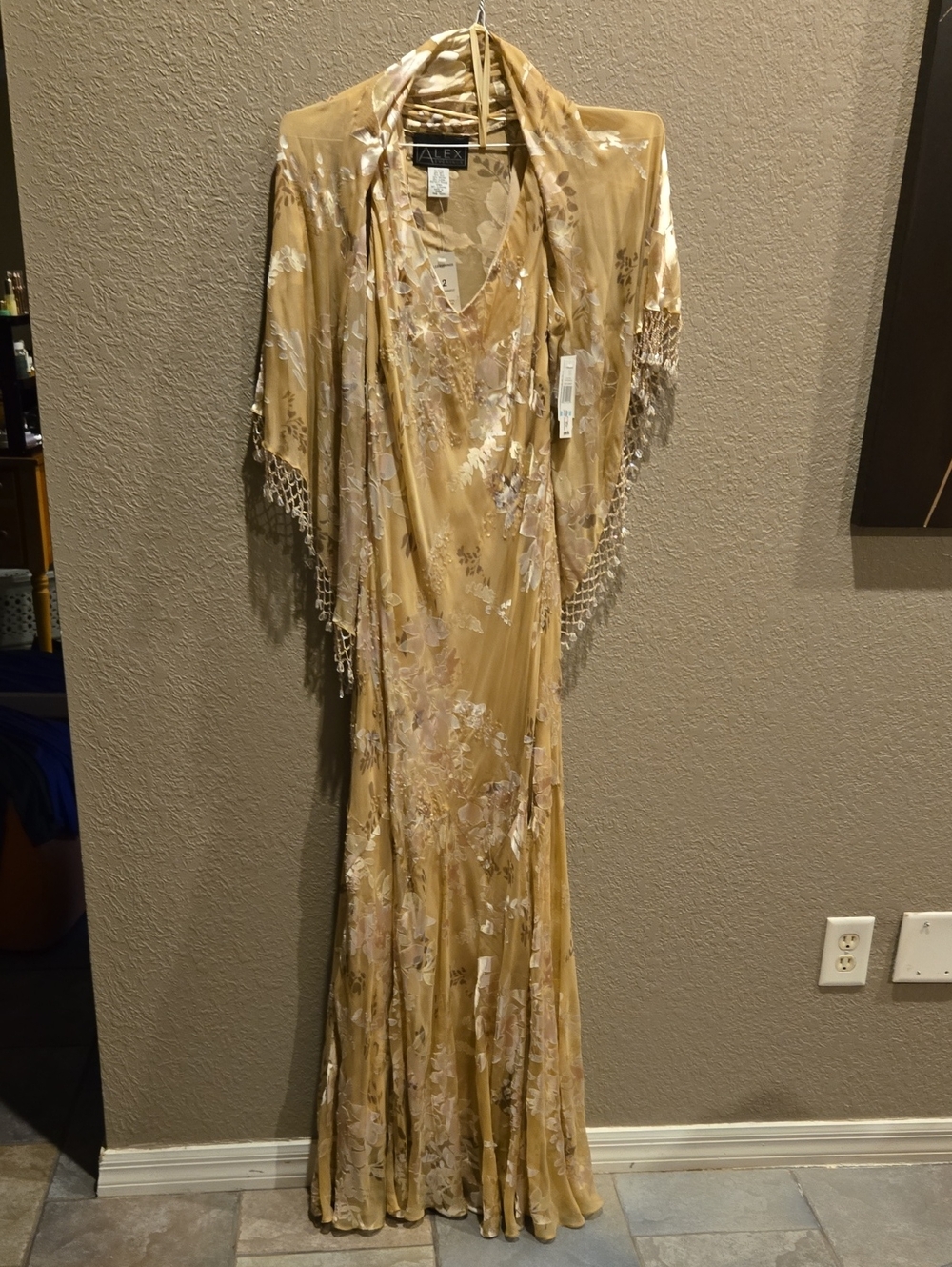 Alex Evenings Gold Floral Beaded Shawl Gown